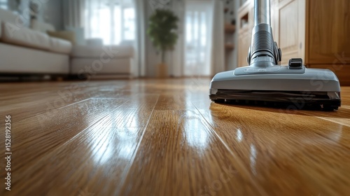 A modern vacuum cleaner is seen up close on a gleaming wooden floor, showcasing the importance of cleanliness and contemporary home aesthetics in today's lifestyle.