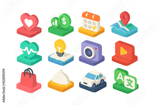 Colorful 3d isometric icons for health, finance, travel, and more