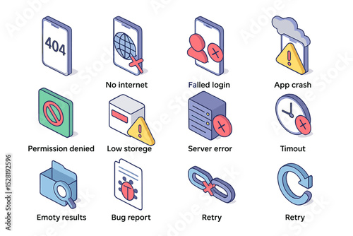 Set of 12 stylized error icons including 404, no internet, app crash, bug report