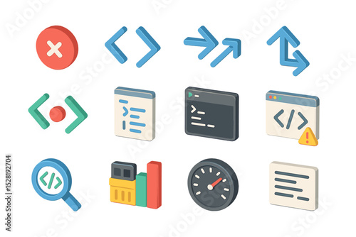 Colorful 3d icons representing programming and development concepts