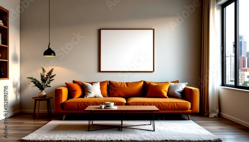 a modern living room interior. the room features a contemporary design with minimalist furniture, including two light wood chairs with geometric cushions and a vibrant orange sofa