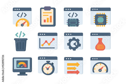 Set of data and performance icons in bright panel layout