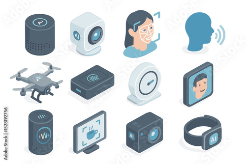 Futuristic ai technology icons featuring drone and wearable devices