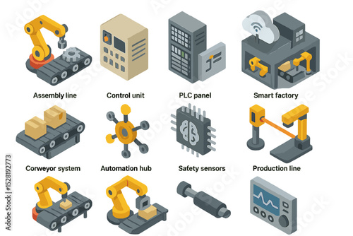 Industrial automation icons: assembly, control, plc, smart factory, robotics