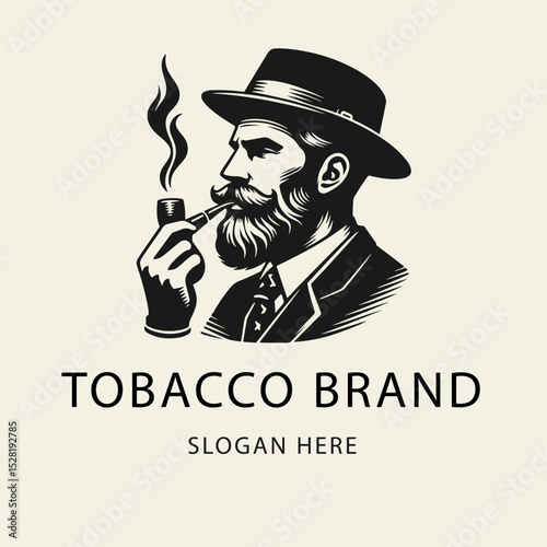 Vintage black and white logo of a bearded gentleman in a suit and hat smoking a pipe. Flat vector illustration in minimalist retro style, perfect for branding or barbershop design.