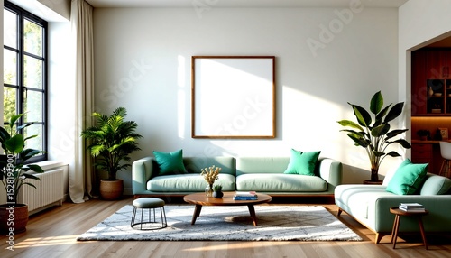 a large, modern living room with a bright window allowing sunlight to fill the space. the room is furnished with two sofas, one of which is light blue with a few decorative pillows