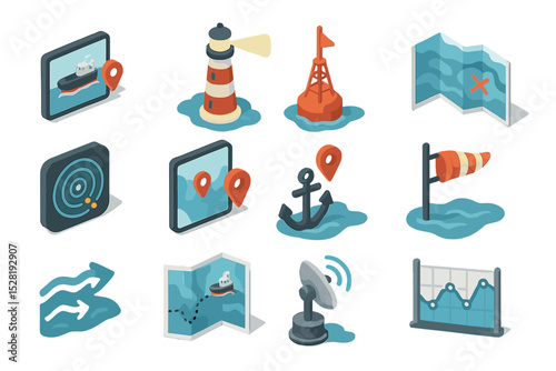Nautical icons set: maps, lighthouse, anchor, buoy, radar