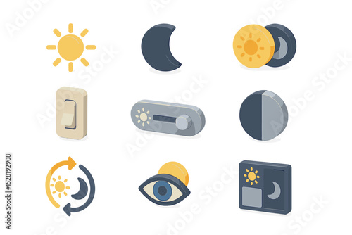 Various 3d icons of sun, moon, eye, switches, and sliders for light and dark modes