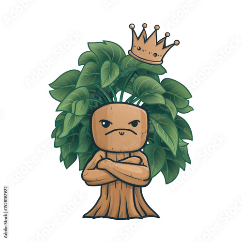  Vector illustration of a powerful tree character with leafy hair, crossed arms and a golden crown, showing dominance and authority.
