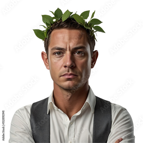 Portrait of a serious man wearing a laurel wreath on his head, isolated on white background. Modern interpretation of a Roman-style character.