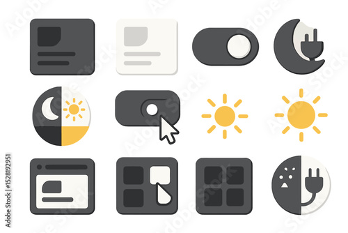 Dark mode ui elements and icons collection with toggle switches