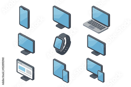 Isometric blue digital devices collection: phones, laptops, and monitors