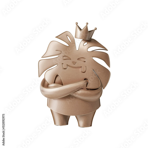 3D vector illustration of a stylized monstera character with arms crossed and crown on head, expressing confidence and sass.