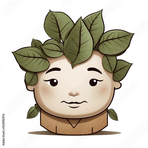 Vector illustration of a young human character with leaves growing from head and shoulders, symbolizing connection with nature and ecology.