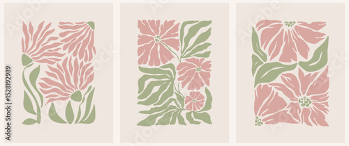 Abstract groovy posters flowers in beige tones. Modern trendy Minimal style. Hand drawn design for wallpaper, wall decor, print, postcard, cover, template, banner.