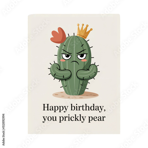Funny birthday cactus with crown and angry face, text “Happy birthday, you prickly pear”