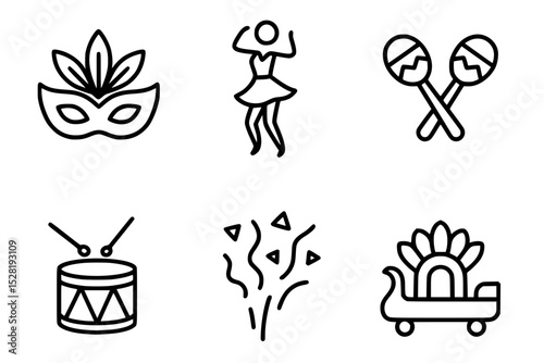 Carnival Icon Set with Mask, Dancer, Confetti, and Music Elements