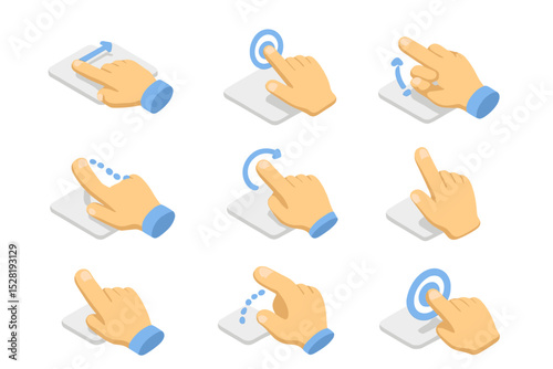 Illustrated hand gestures demonstrating touch screen interactions and movements