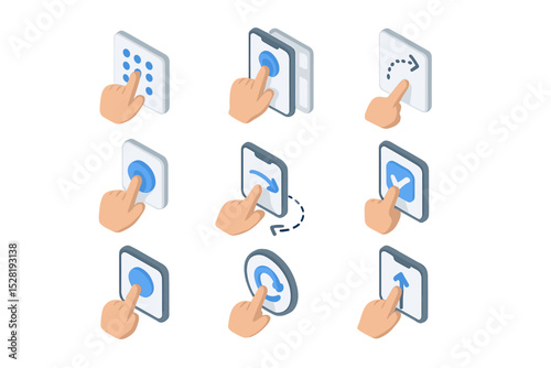 Various touch gestures on digital interfaces with hand illustrations