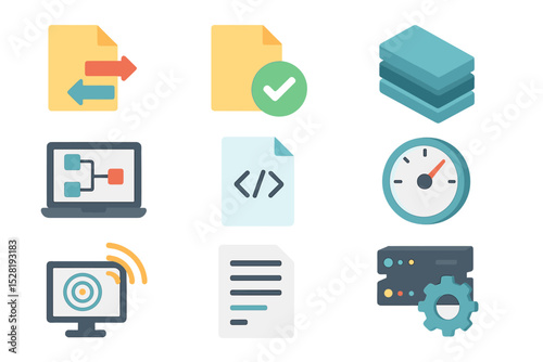 Colorful digital icons for technology and data management concepts