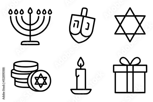 Hanukkah Icon Set with Menorah, Dreidel, Star of David, and Gelt