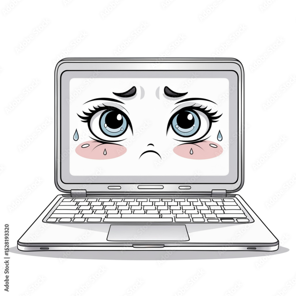 Vector illustration of a sad cartoon laptop with big crying eyes ...