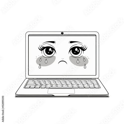 Vector illustration of a sad cartoon laptop with big crying eyes, blushing cheeks and emotional expression. Perfect for themes of digital burnout or stress.
