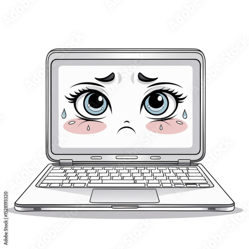 Vector illustration of a sad cartoon laptop with big crying eyes, blushing cheeks and emotional expression. Perfect for themes of digital burnout or stress.