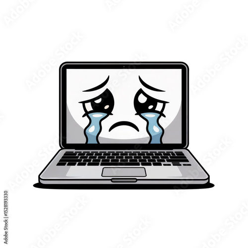 Vector illustration of a sad cartoon laptop with big crying eyes, blushing cheeks and emotional expression. Perfect for themes of digital burnout or stress.