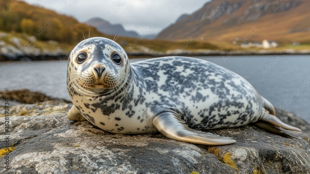 Obraz premium Gray seal pup resting on a rock by water