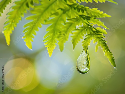 Close up captures a glistening water drop hanging from a vibrant green fern leaf gracefully.