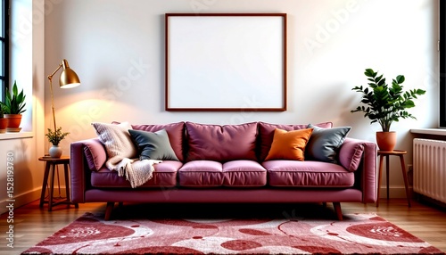 a modern living room setting. it features a red sofa adorned with cushions in shades of pink and purple, set against a backdrop of a white wall