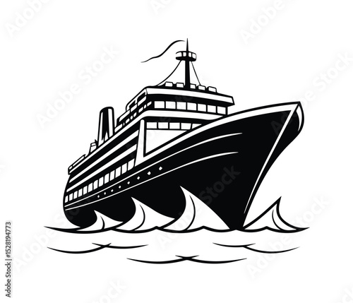 Modern Cruise Liner Silhouette Icon for Nautical Graphics, Silhouette of Maritime Vessel , Ocean Liner Graphic in Bold, Black Cruise Ship Vector Silhouette.