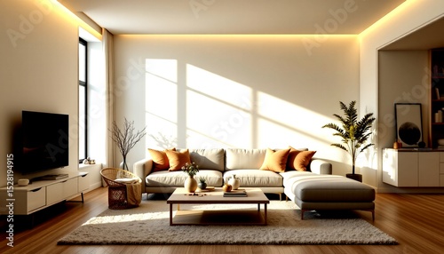 a modern living room with contemporary furniture, including a large sofa and an ottoman, both in neutral tones. a flat screen tv is mounted on the wall above what appears to be a fireplace