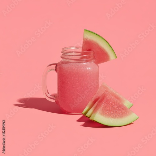 Refreshing watermelon smoothie in a mason jar on a pink background evokes summer vibes.