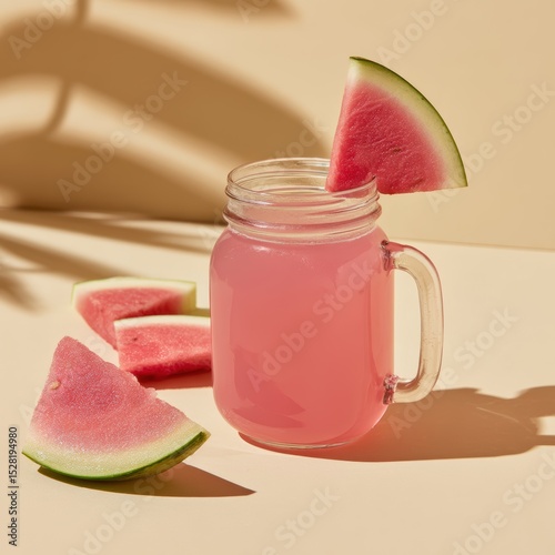 Refreshing watermelon juice in a mason jar with watermelon slices presents a summery mood.