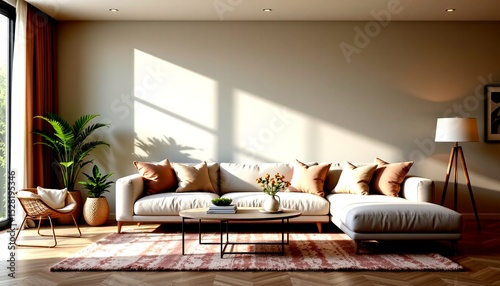 a modern living room bathed in natural light from large windows. a plush sofa with multiple cushions sits against one wall, inviting relaxation