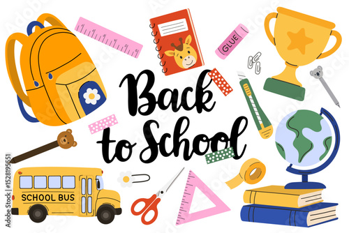 Back to school vector set with backpack, school bus, books, globe, and stationery. Colorful educational clipart collection including yellow school bag, notebook with giraffe cover, glue stick.