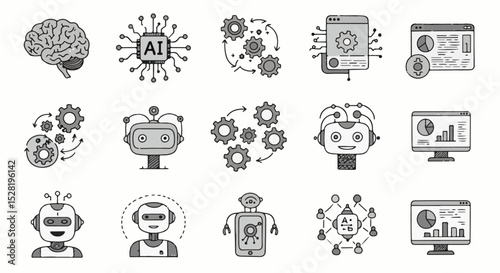 Artificial intelligence icons depict robotic technology advancements brain data analysis machine learning and automation for modern business