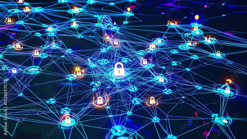 Digital blockchain network with glowing connection nodes and cryptocurrency icons interconnected in blue neon cyber web, visualizing decentralized technology and secure data systems