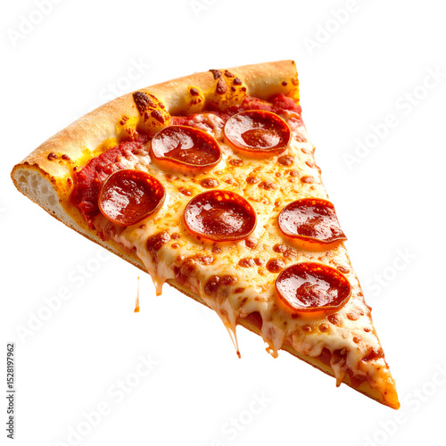 A delicious slice of pizza topped with melted cheese and pepperoni, showcasing a golden crust and appetizing toppings