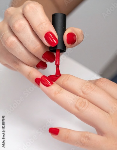 Primer plano manos de mujer pintándose las uñas con esmalte color rojo
