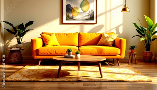 an interior living space with a modern aesthetic. a vibrant orange sofa serves as the focal point of the room, positioned in front of a large window that allows natural light to fill the space