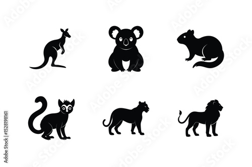 Wild animal figures set featuring forest species silhouettes vector illustration.