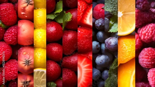 Variety of fruits and vegetables with a yellow stripe food background