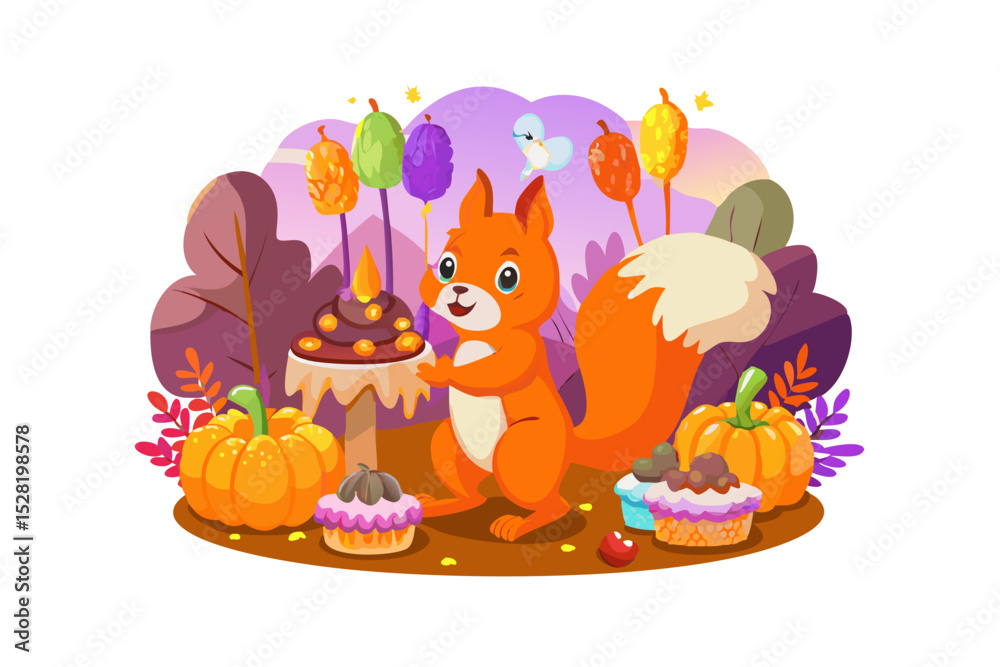 Obraz premium Cute squirrel celebrating birthday with autumn treats