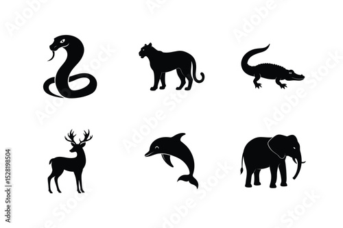 Silhouetted wild animals group jungle wildlife creature set vector illustration.