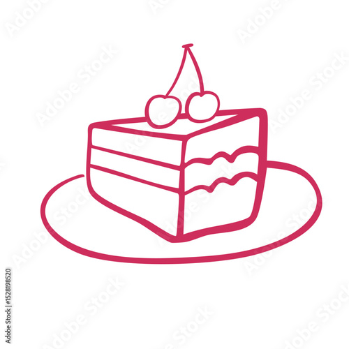 Cute Whimsical Piece of Cake with cherry on a plate isolated on a white background. Perfect for design of menu, cafe posters, logo