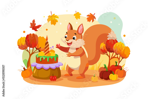Cute squirrel celebrating birthday with autumn cake