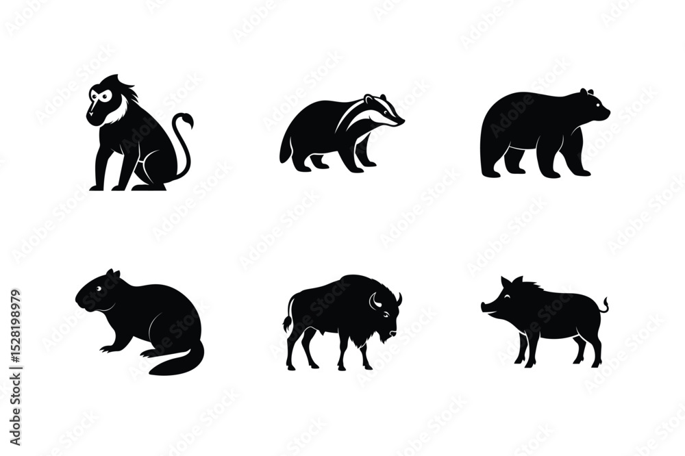 Naklejka premium Forest animals silhouette themed wild nature creature set vector illustration.
